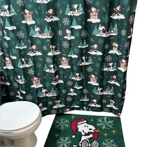Peanuts Snoopy Green Christmas Shower Curtain, Bath Rug & Hand Towel Set NEW